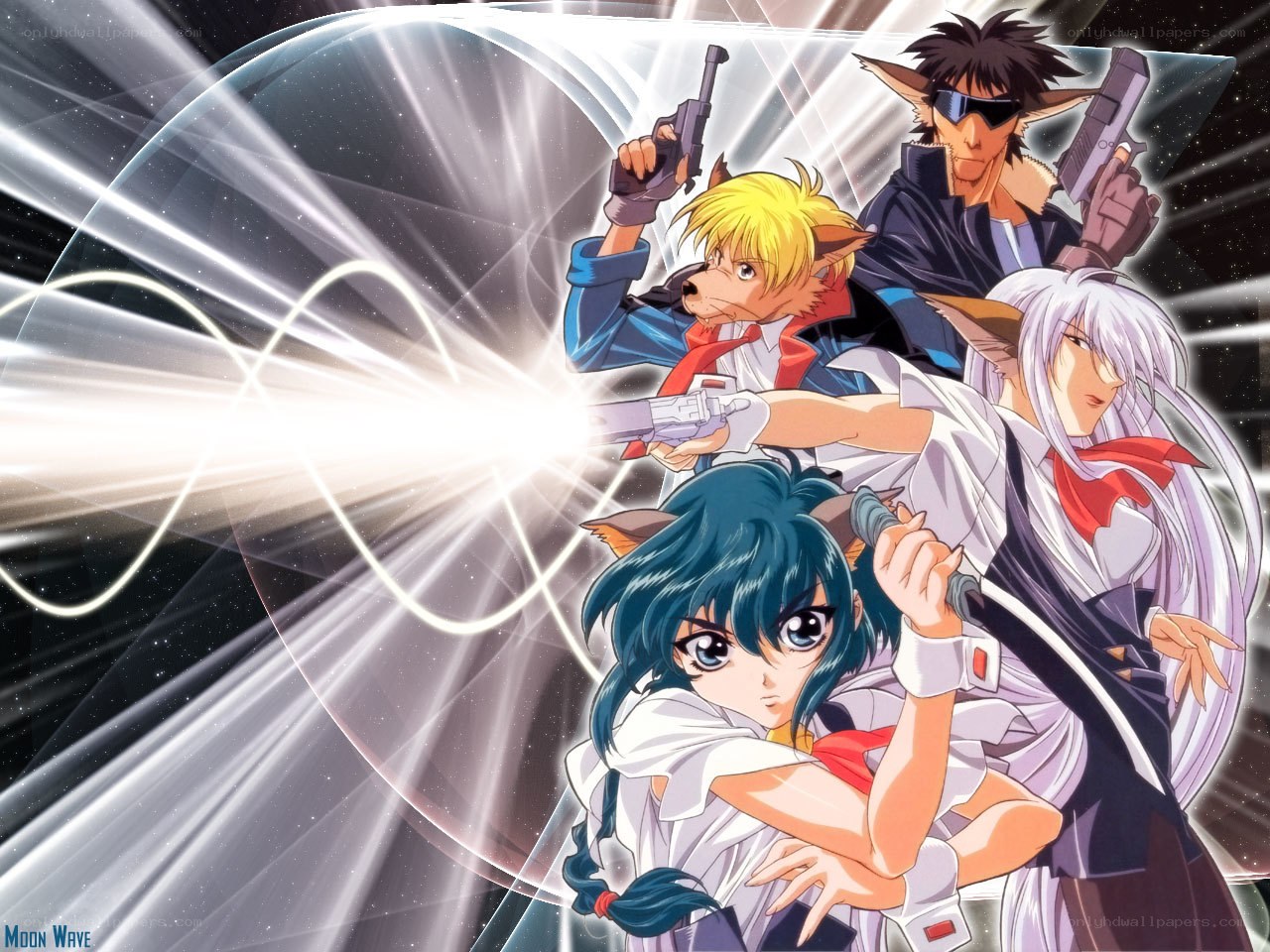 anime characters with guns in space