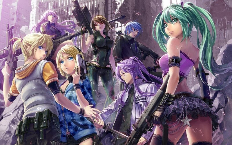 Anime Characters with Guns — Purple, Dramatic, Digital Art