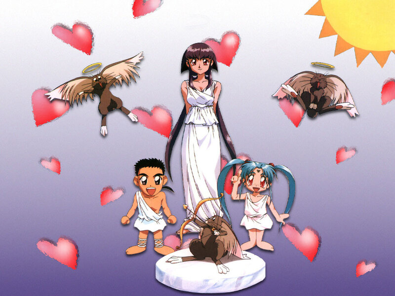 Anime characters with hearts and angels