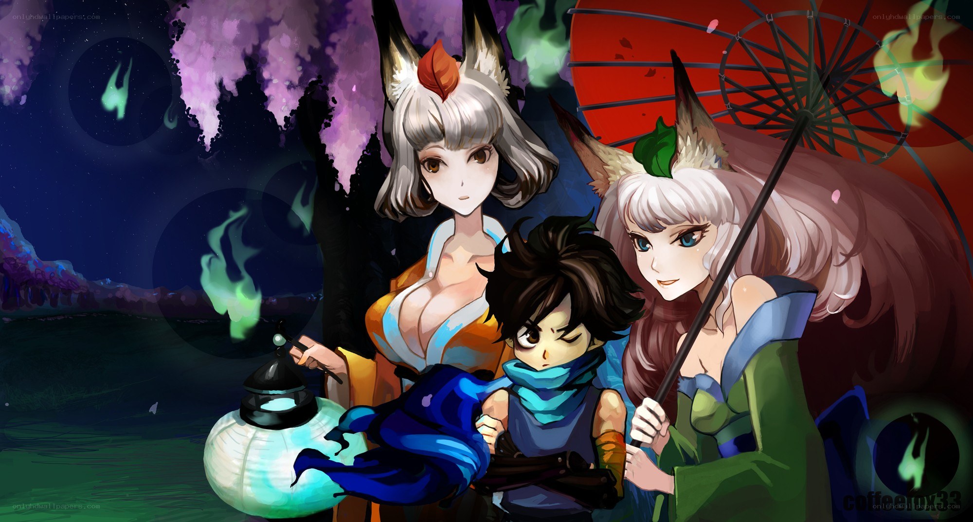Anime characters with lanterns