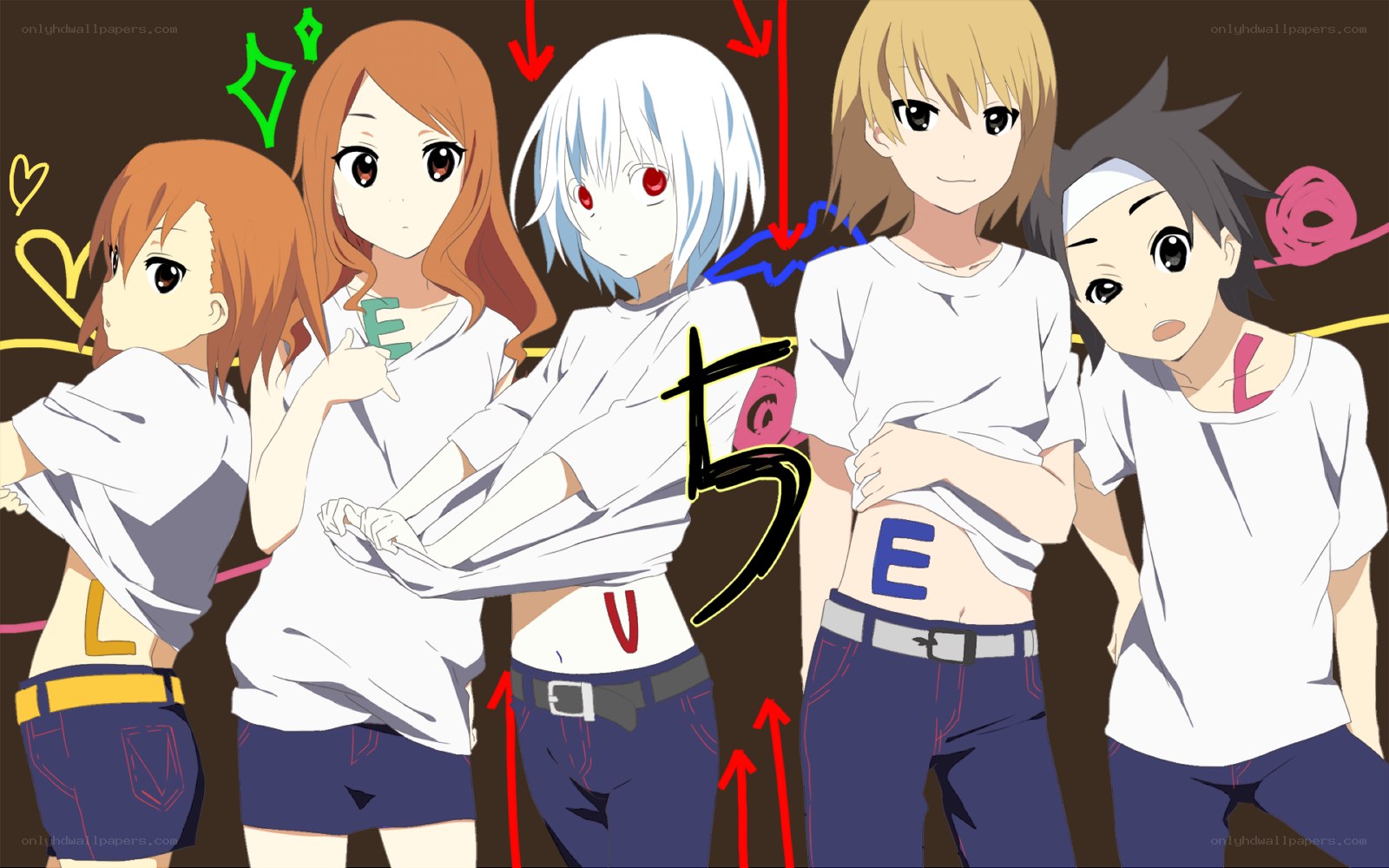 Anime characters with letters on shirts