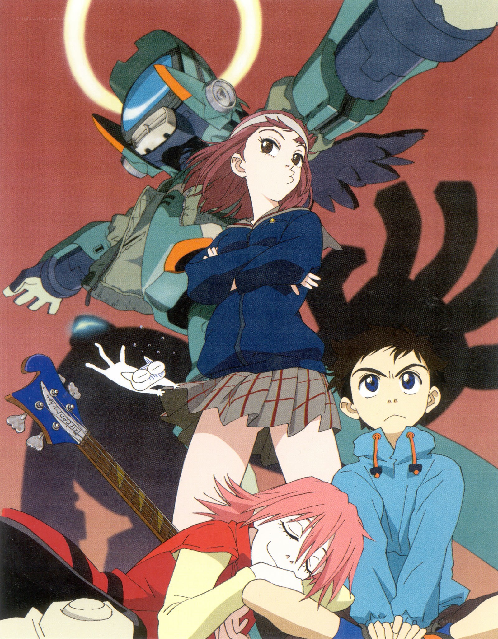 Anime characters with mecha and guitar