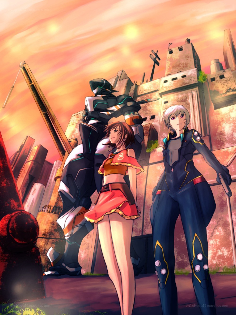 Anime characters with mecha at sunset