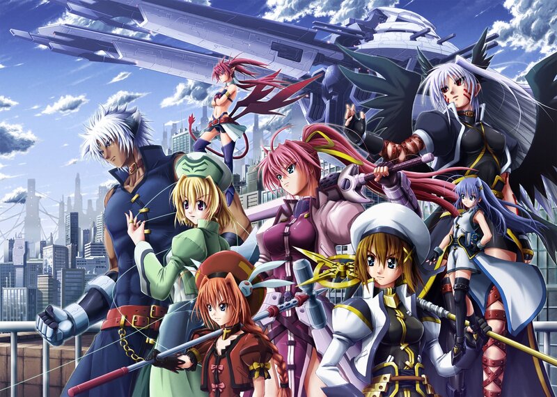 Anime characters with mechs and city
