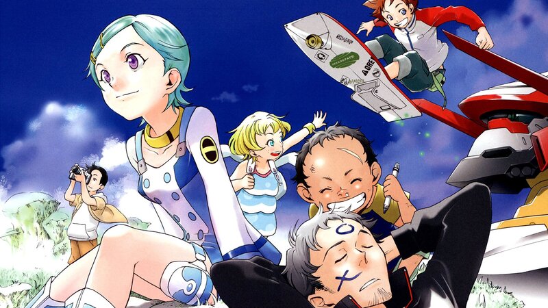 Anime characters with mechs and surfboards