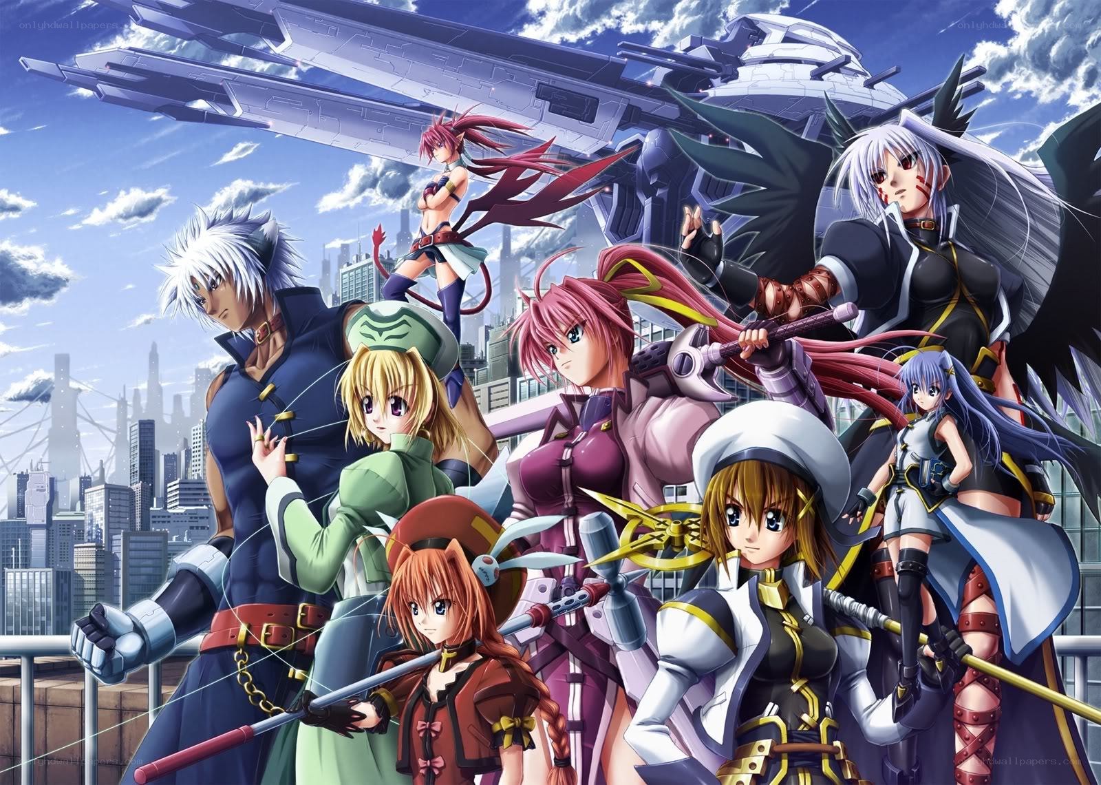 Anime characters with mechs and weapons