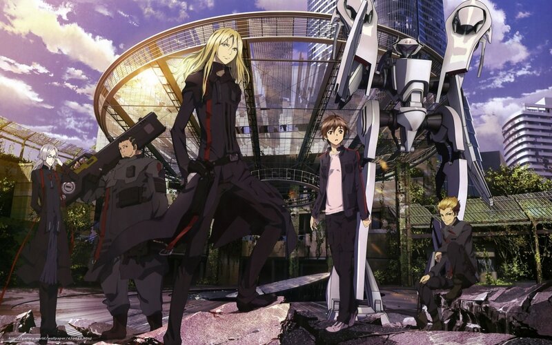 Anime characters with mechs in city