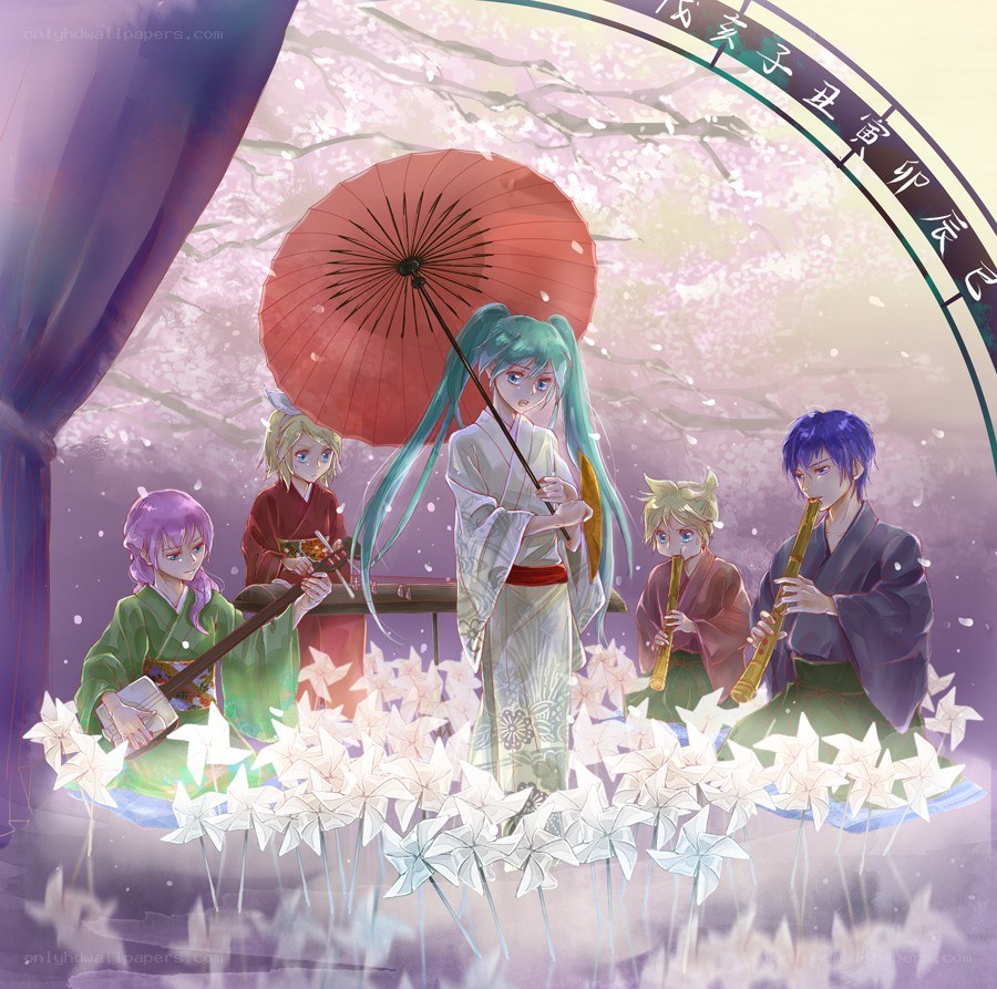 Anime characters with paper windmills