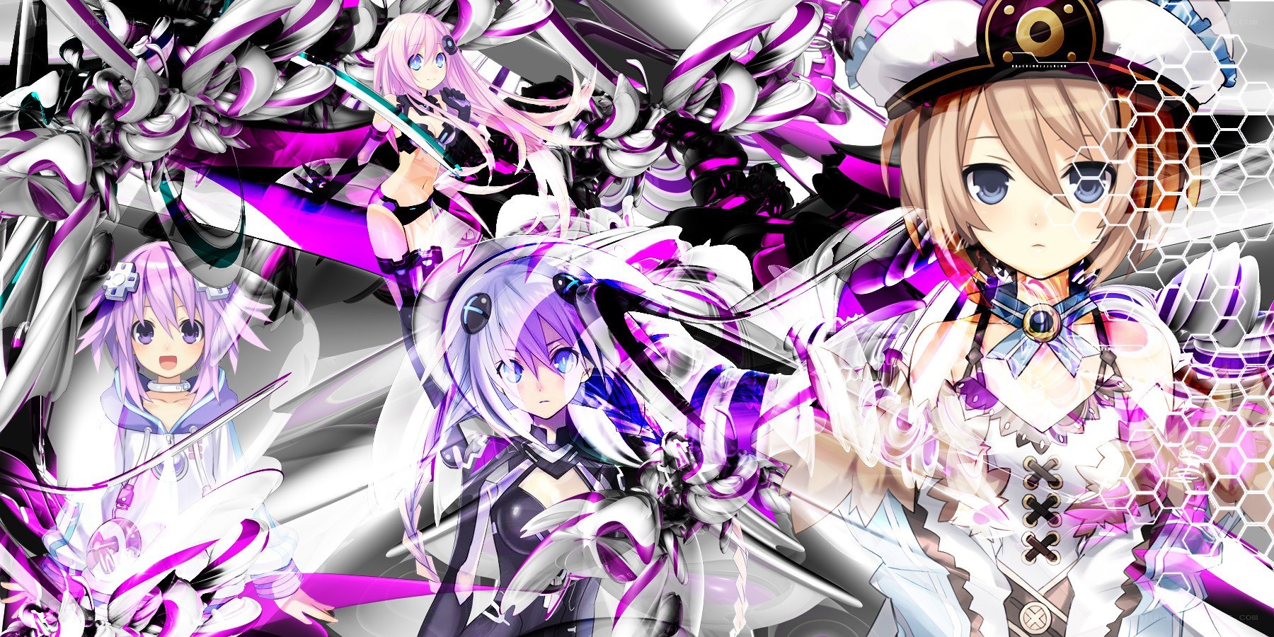 Anime characters with purple and white theme