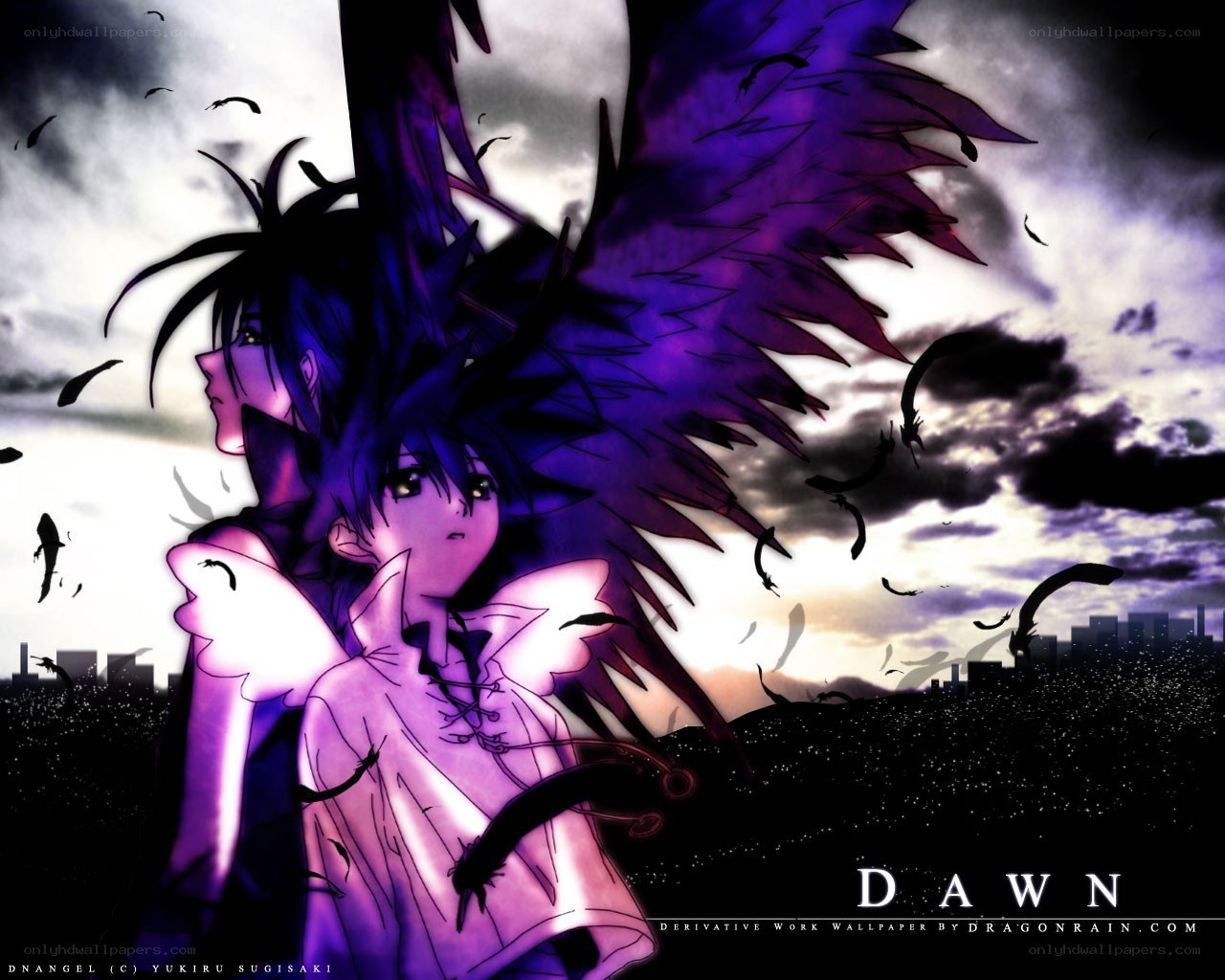 Anime characters with purple wings