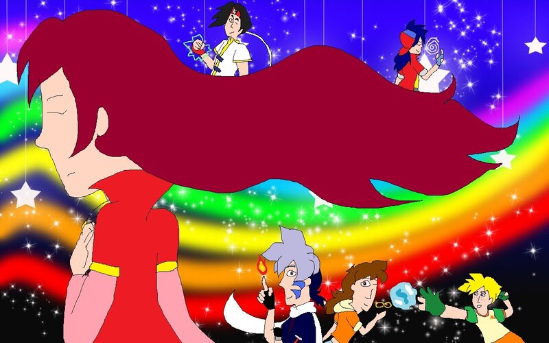 anime characters with rainbow background