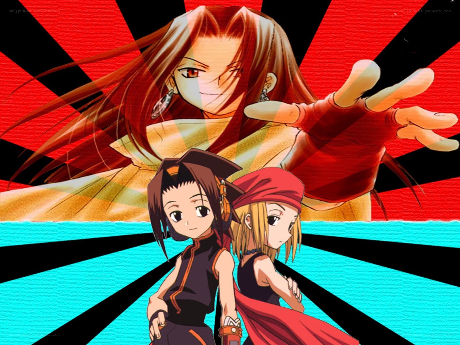 anime characters with red and blue background