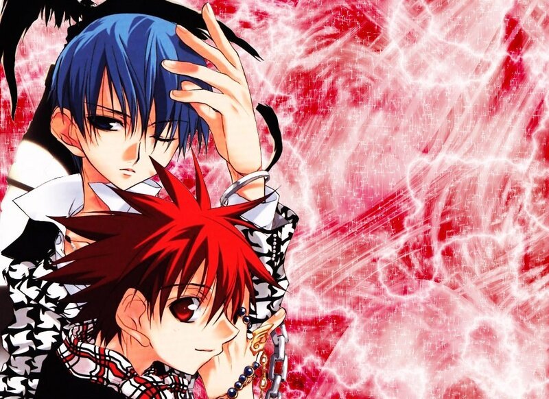 Anime characters with red and blue hair