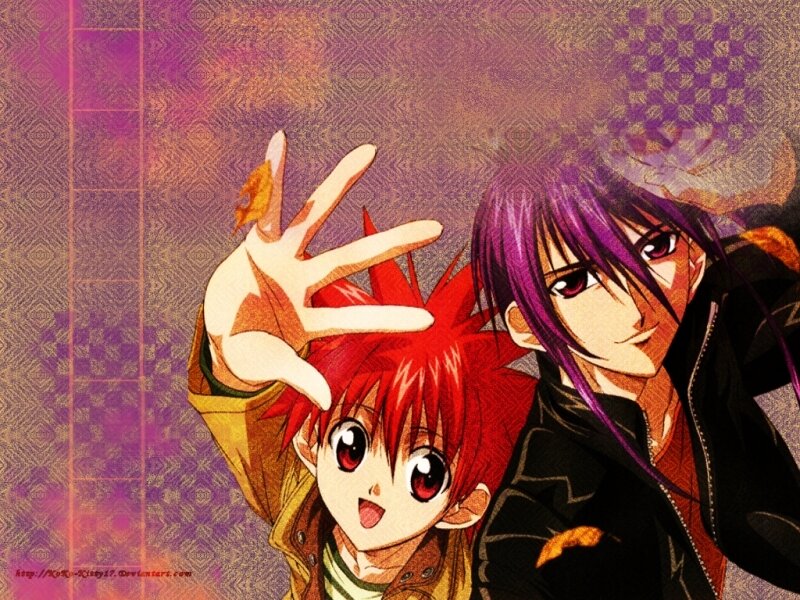 Anime characters with red and purple hair