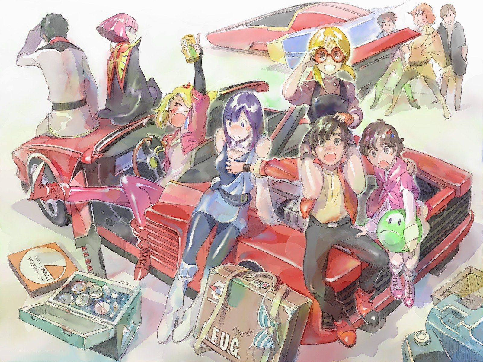 Anime characters with red car