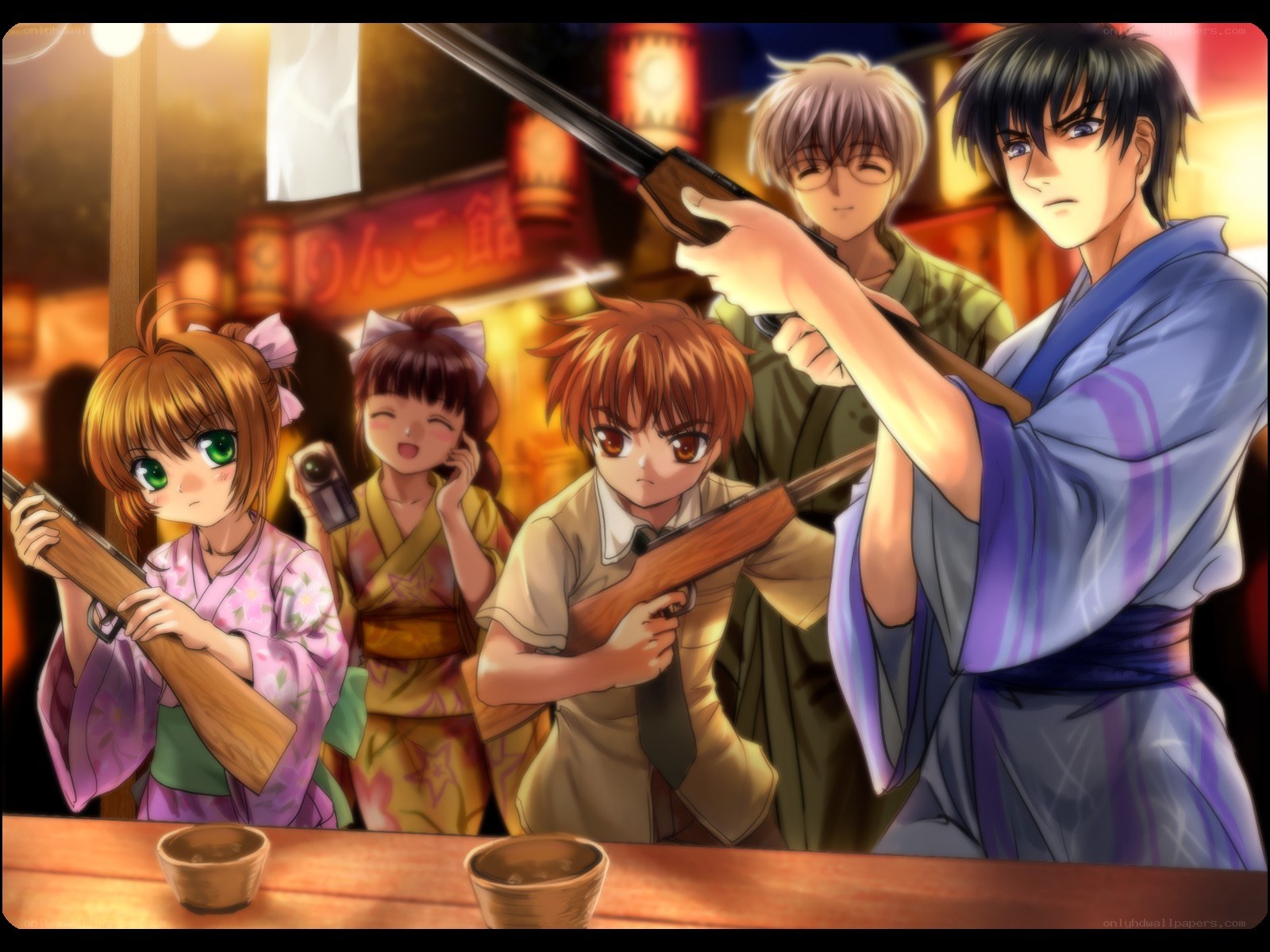 Anime characters with rifles in a bar