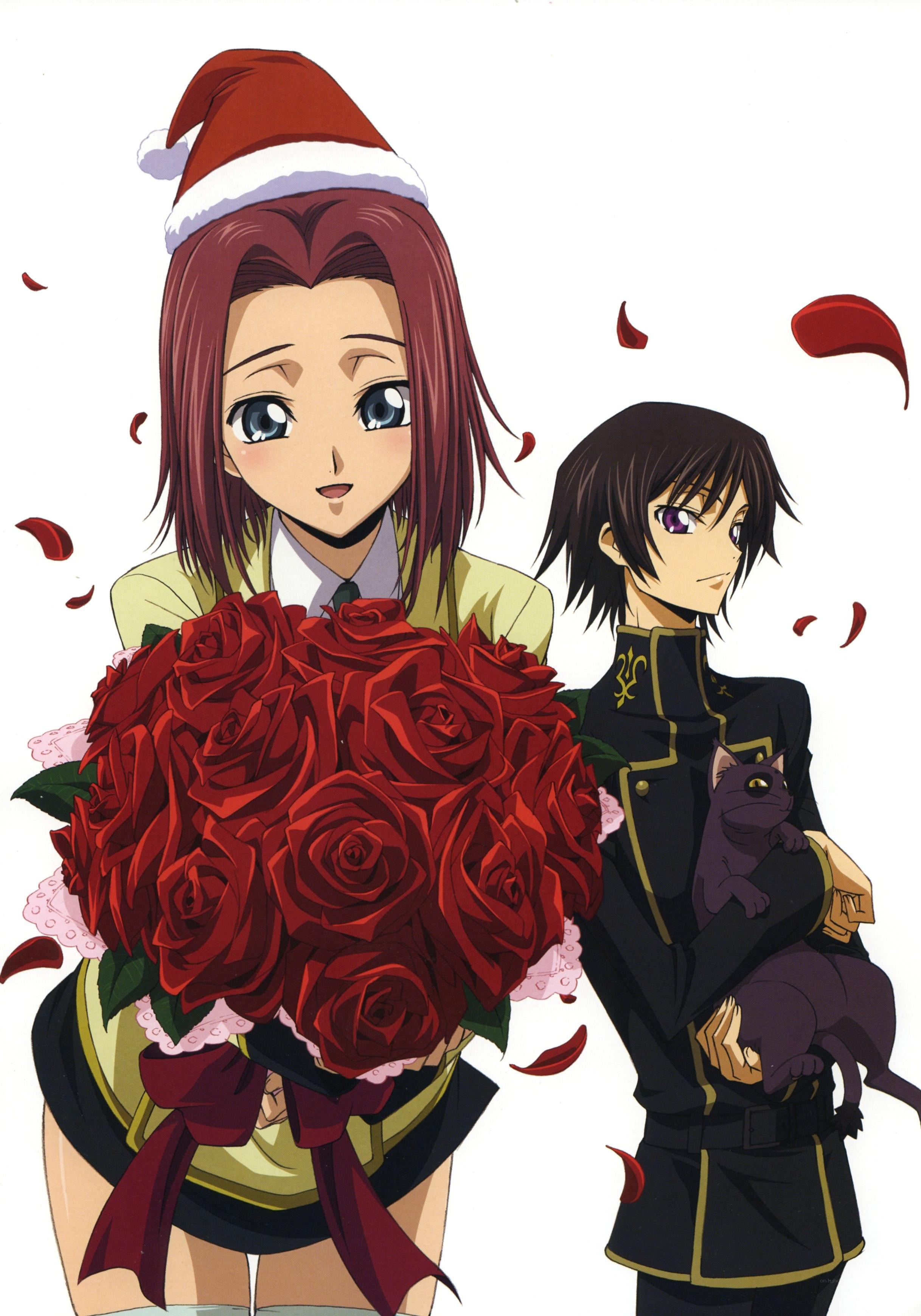 Anime characters with roses and cat