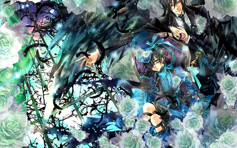 Anime characters with roses and feathers