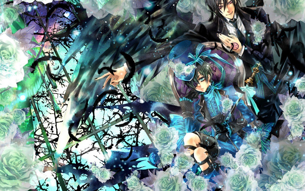 Anime characters with roses and feathers