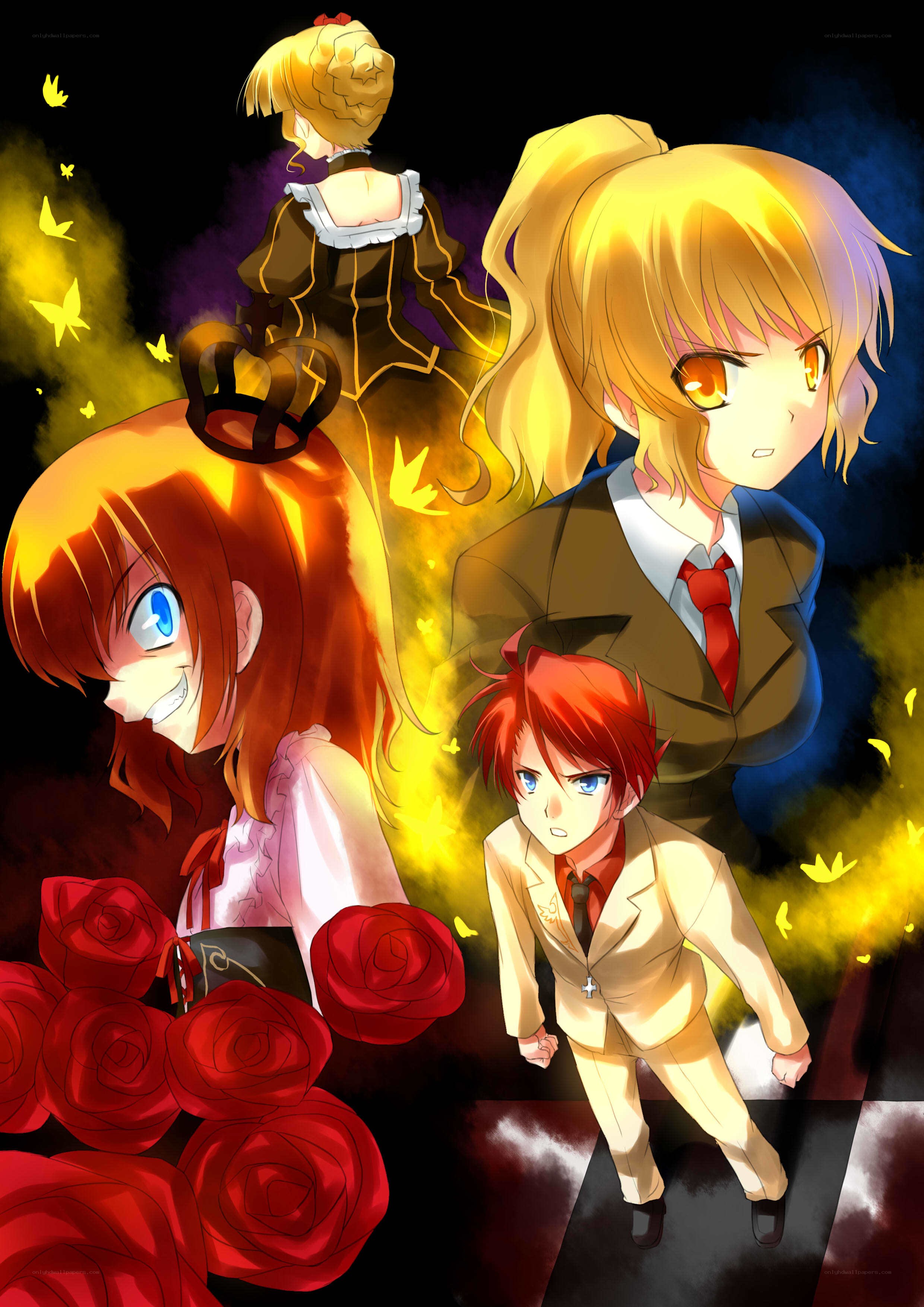 anime characters with roses and fire
