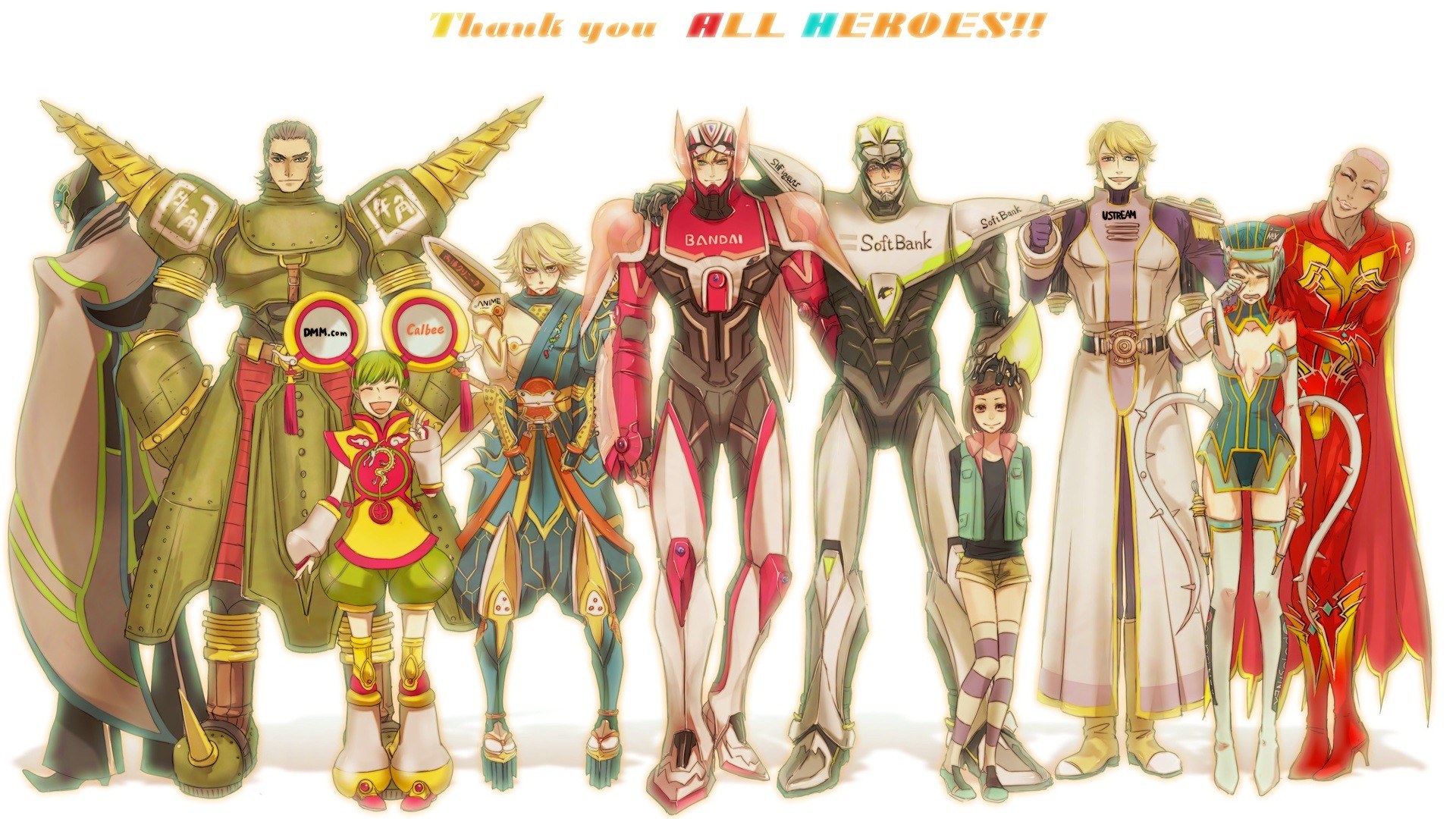 Anime characters with sponsor logos