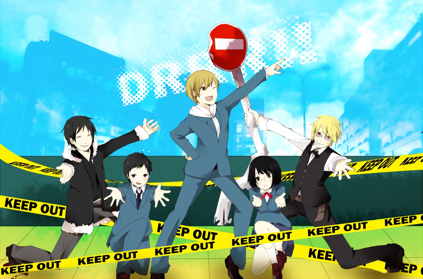 anime characters with stop sign