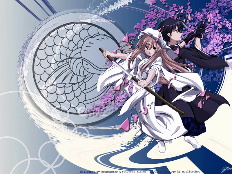 Anime characters with swords and cherry blossoms