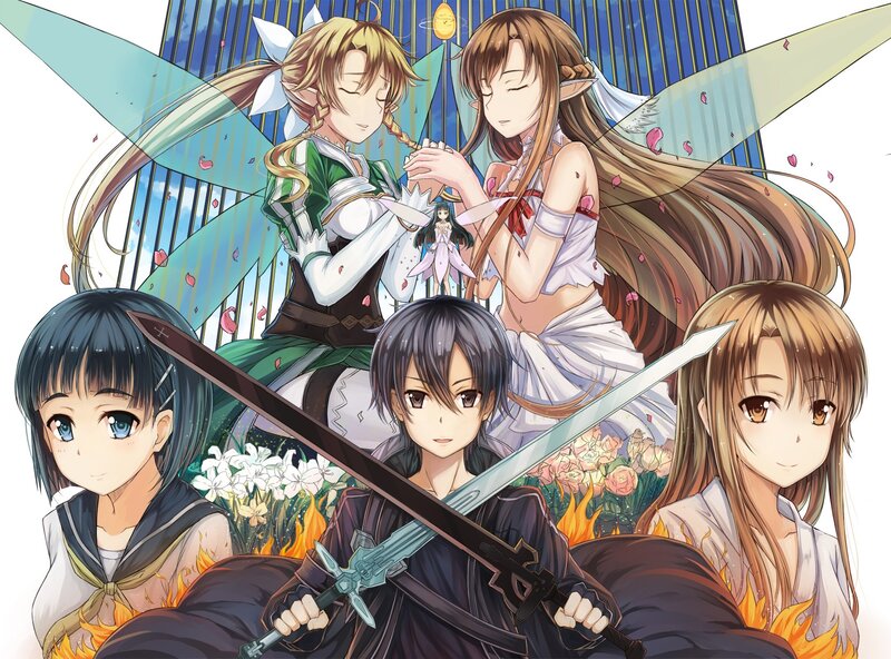 Anime characters with swords and wings