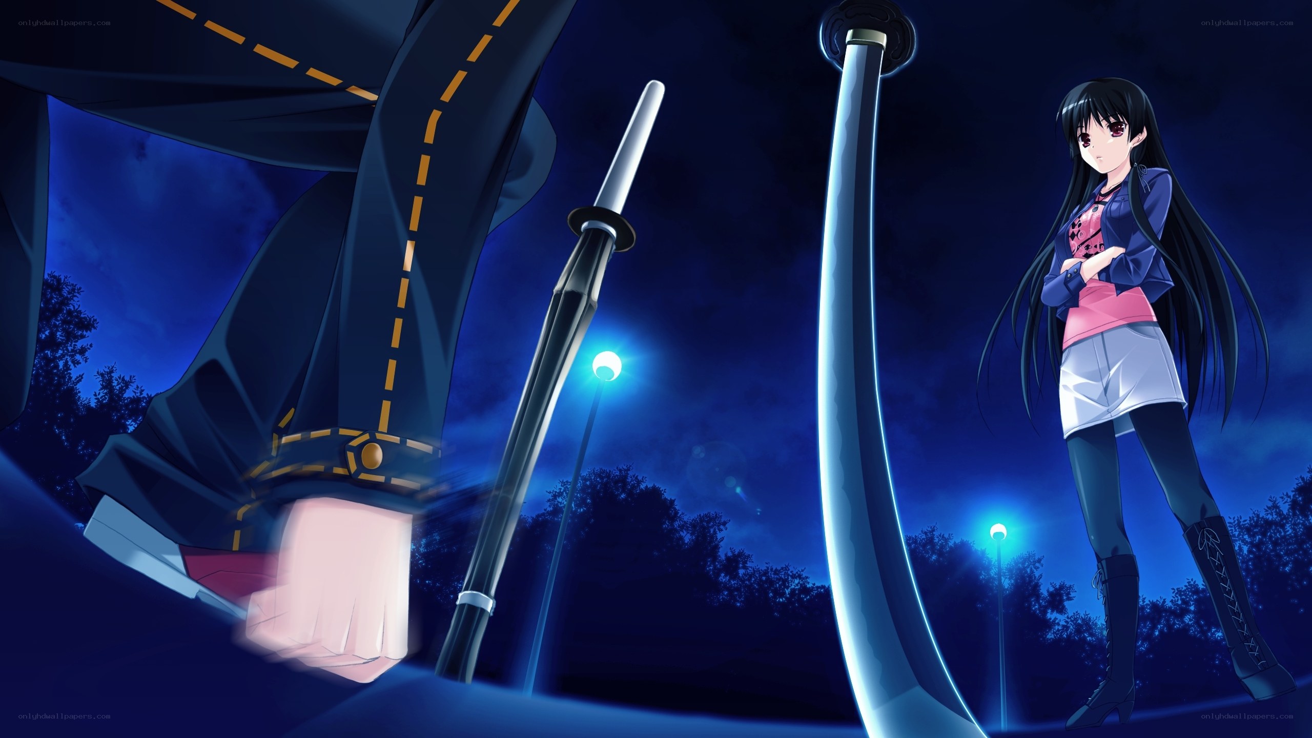 anime characters with swords at night