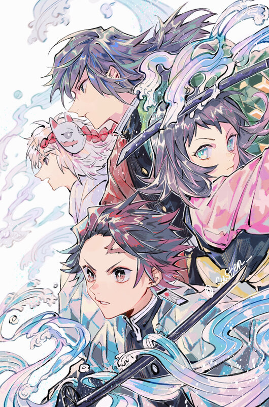 Anime Characters with Swords — Blue, Dramatic, Digital Art, Water Effects