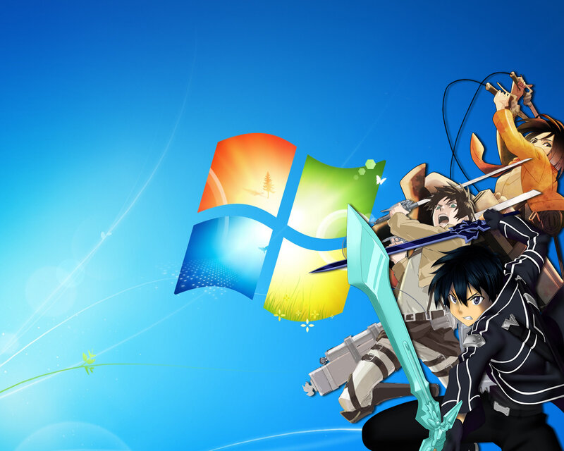 Anime Characters with Swords — Blue, Dramatic, Digital Art, Windows Logo