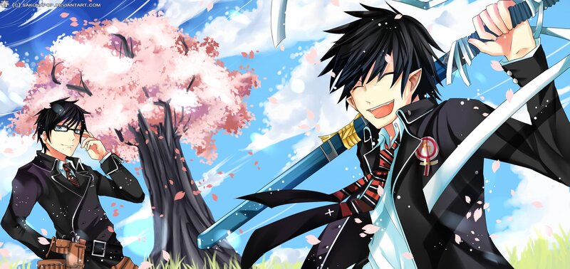 Anime characters with swords in cherry blossom