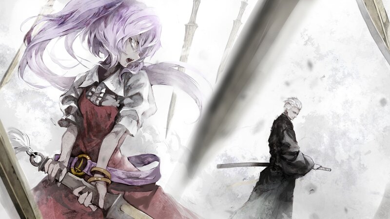 Anime Characters with Swords — Purple, Dramatic, Digital Art
