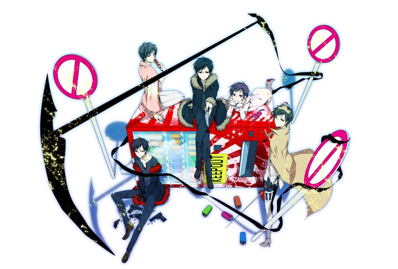 Anime characters with weapons and signs