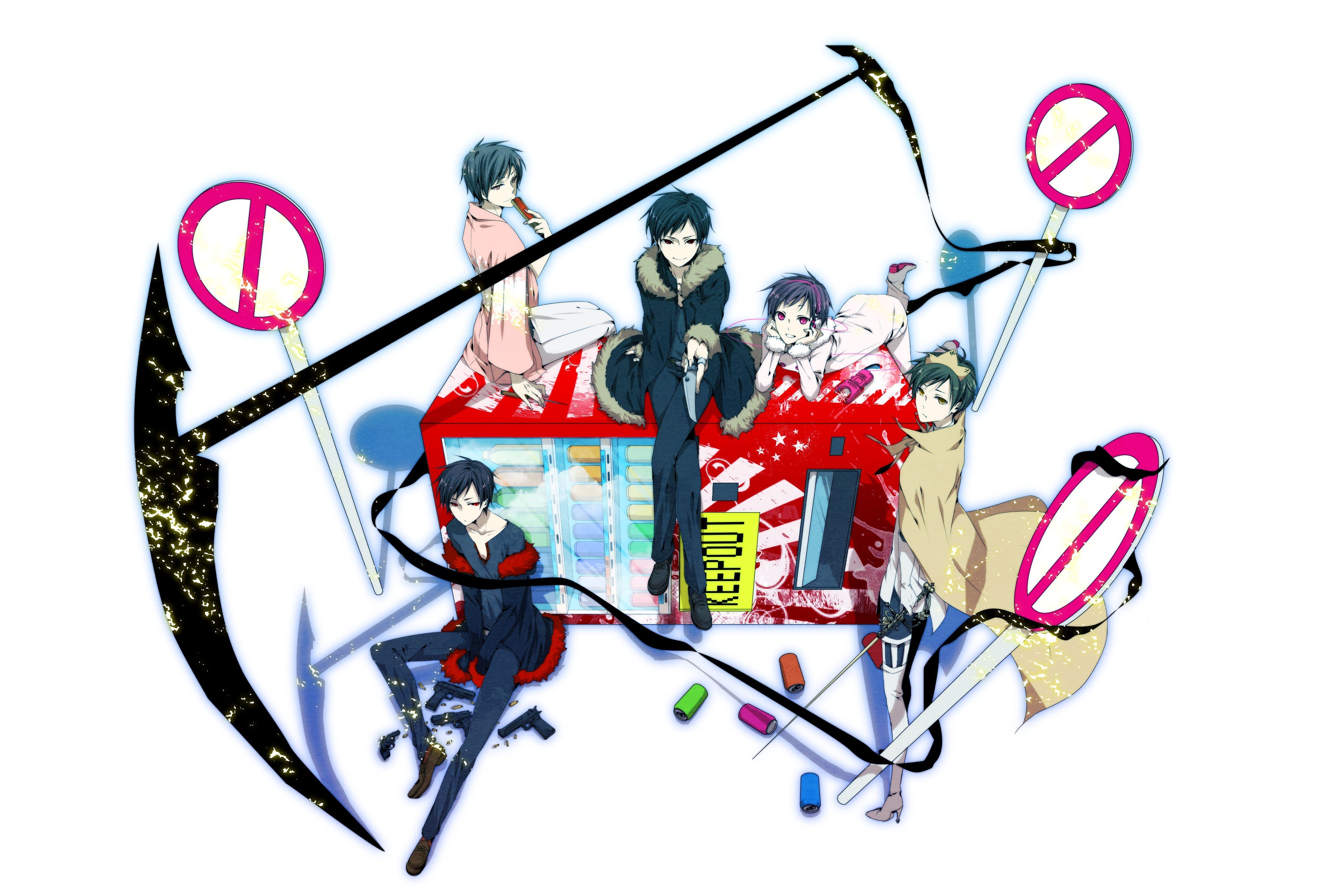 Anime characters with weapons and signs