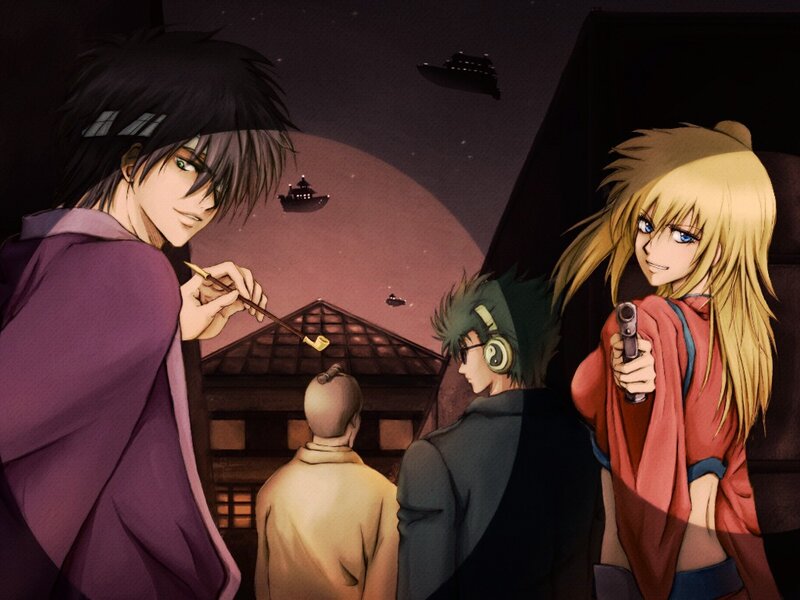 Anime characters with weapons at night