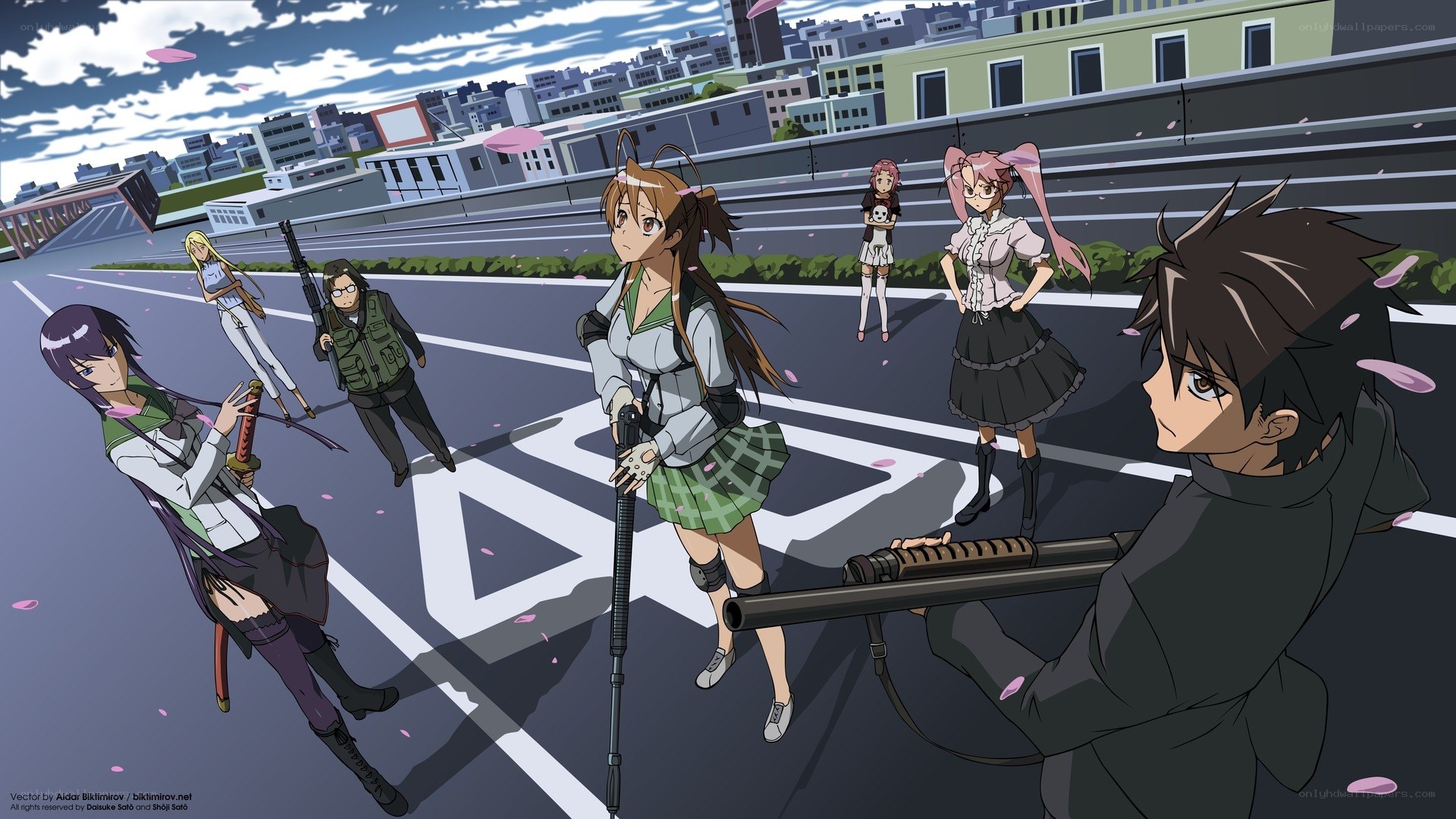 anime characters with weapons on road
