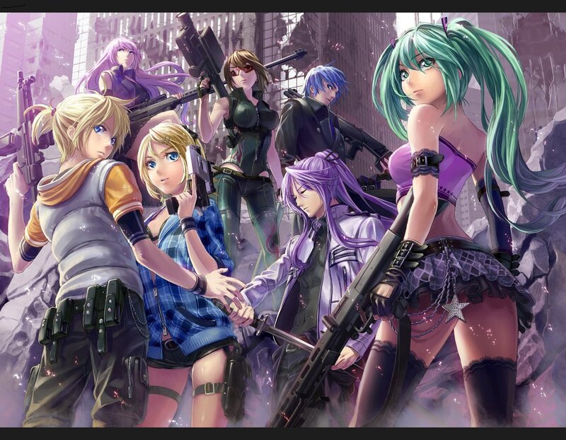 Anime Characters with Weapons — Purple, Dramatic, Digital Art, Guns
