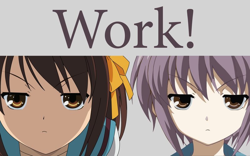 Anime characters with 'Work!' text