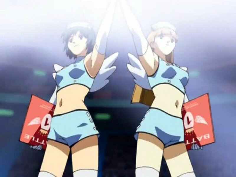 anime cheerleaders in blue outfits