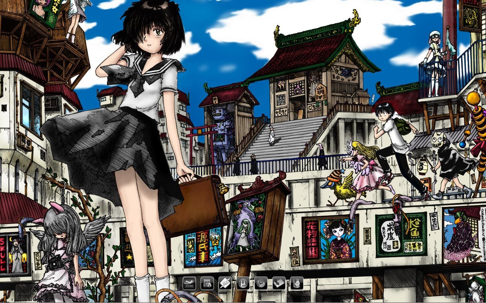 Anime city scene with characters