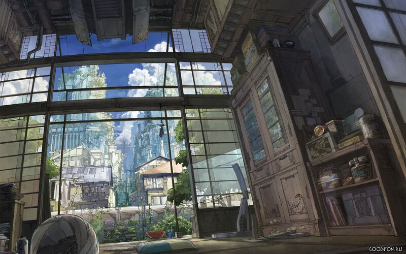 Anime cityscape view from inside