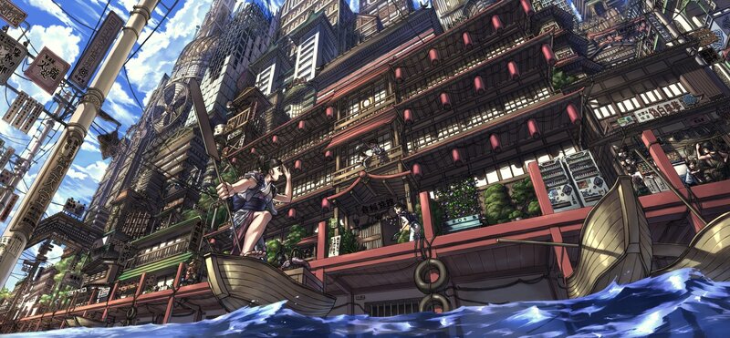 Anime cityscape with boats