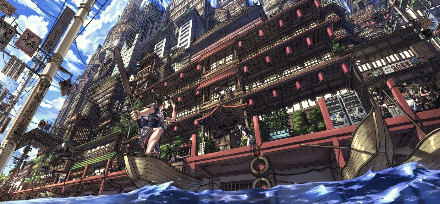Anime cityscape with boats