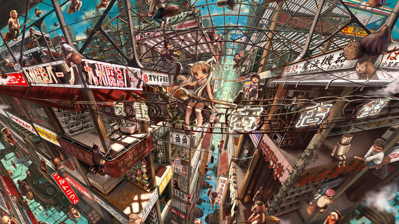 Anime cityscape with cat girl