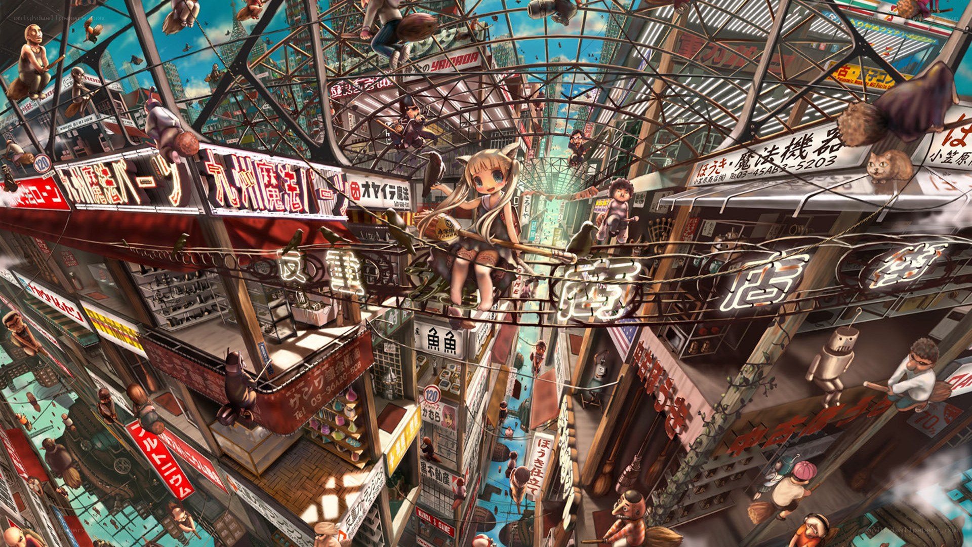 Anime cityscape with cat girl