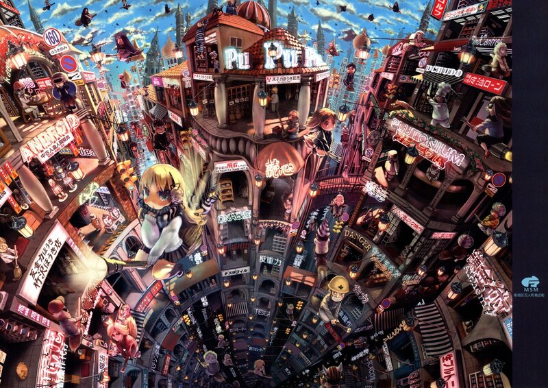 Anime cityscape with characters