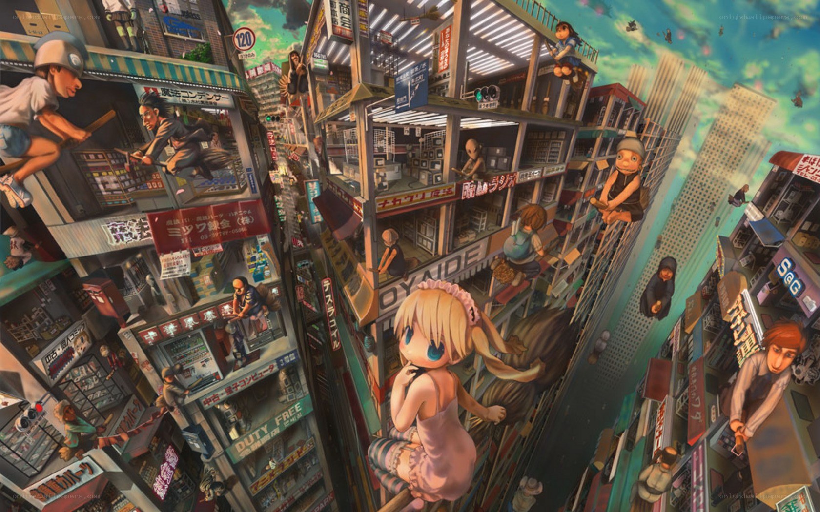 Anime cityscape with children