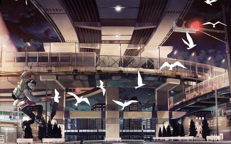 Anime cityscape with flying birds