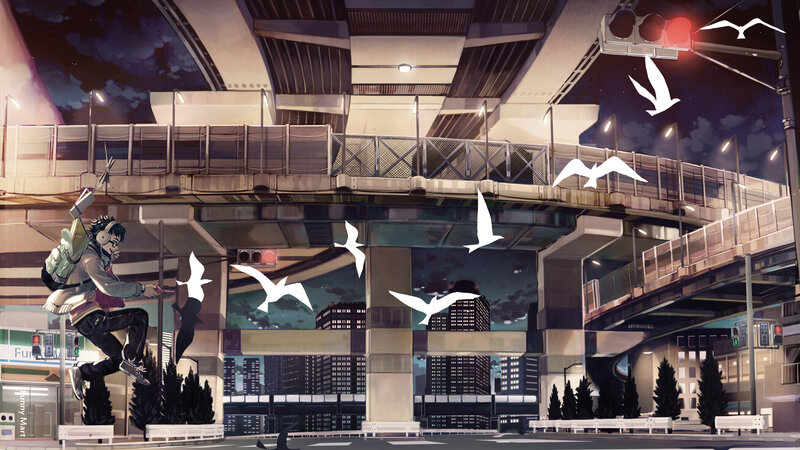 Anime cityscape with flying birds